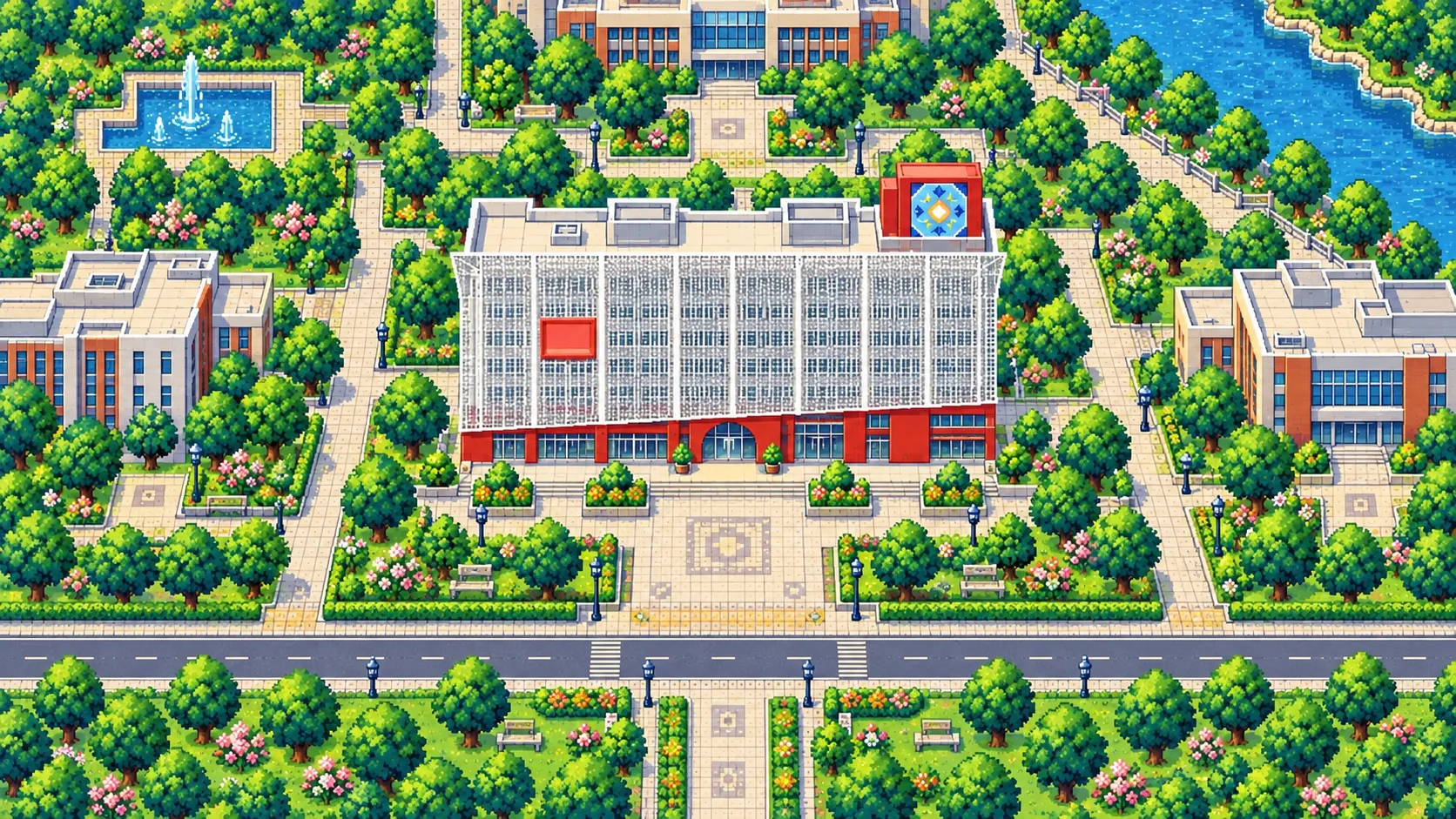Pixel-art view of the GAIDC building and surrounding Nanning innovation district